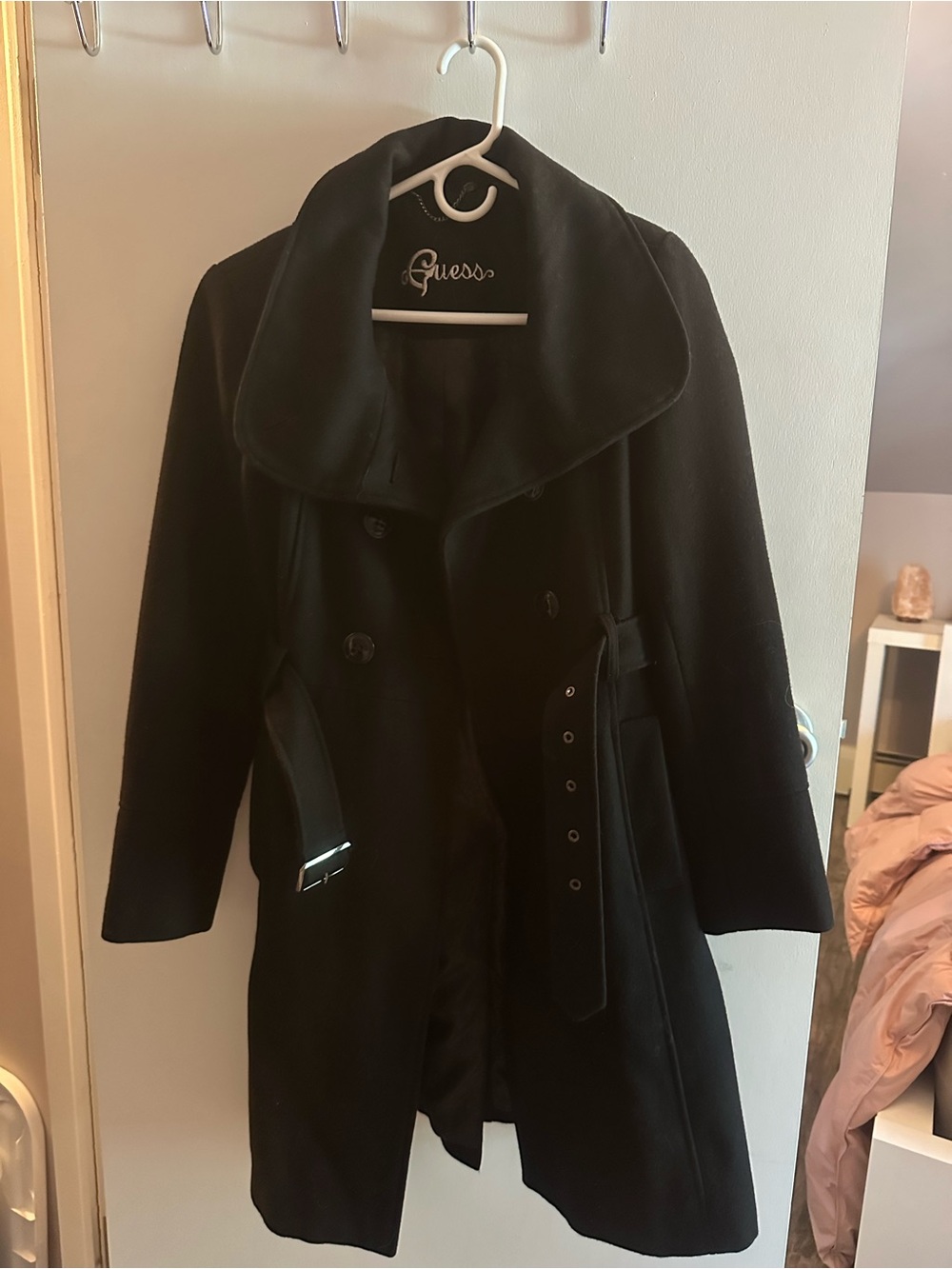 GUESS Black Wool Blend Belted Peacoat with Shawl Collar